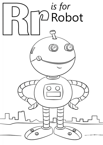 Letter R is for Robot coloring page image