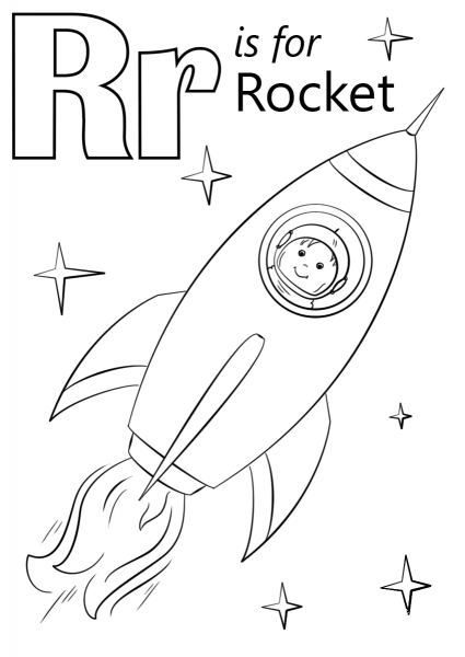 Letter R is for Rocket coloring page image