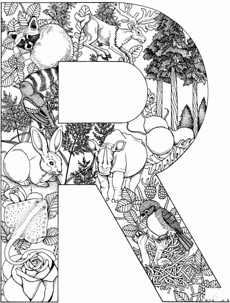 Letter R with Animals coloring page image