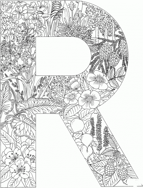 Letter R with Plants coloring page image