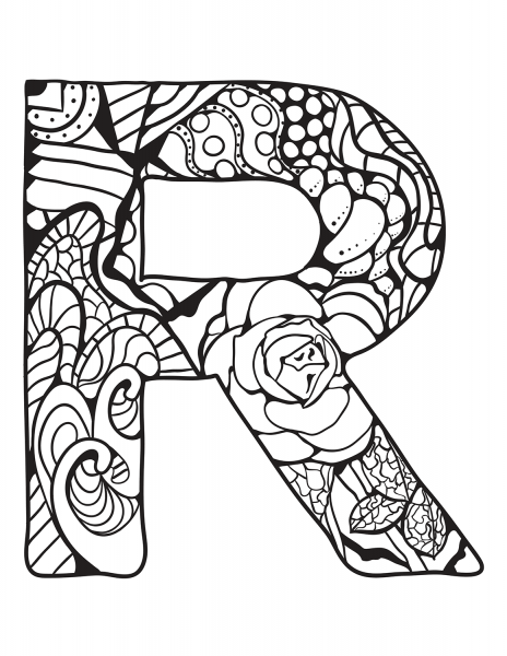 Letter R Zentangle coloring page image