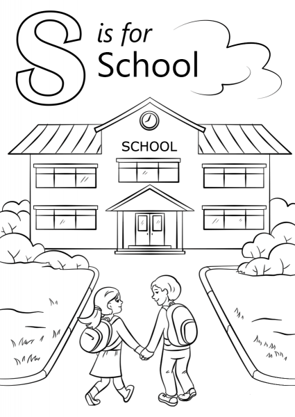Letter S is for School coloring page image