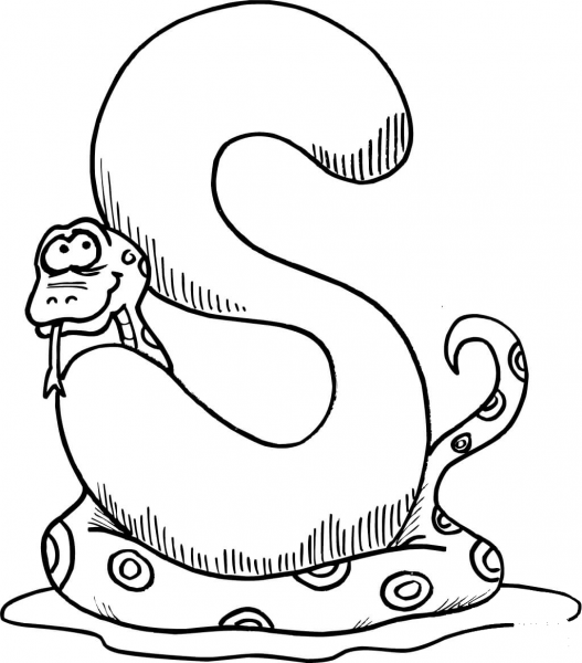 Letter S is for Snake coloring page image
