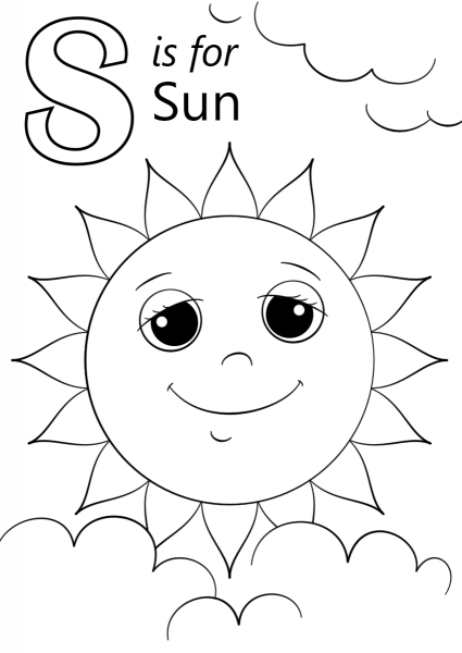Letter S is for Sun coloring page image