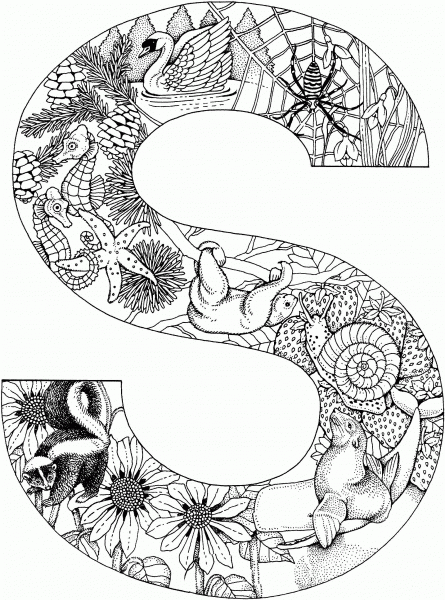 Letter S with Animals coloring page image