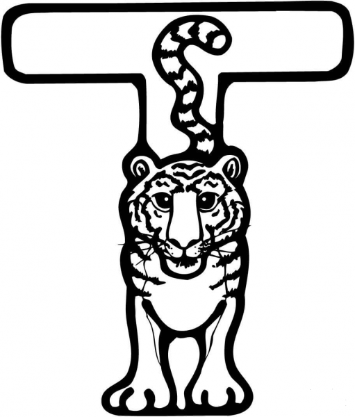 Letter T is for Tiger coloring page image