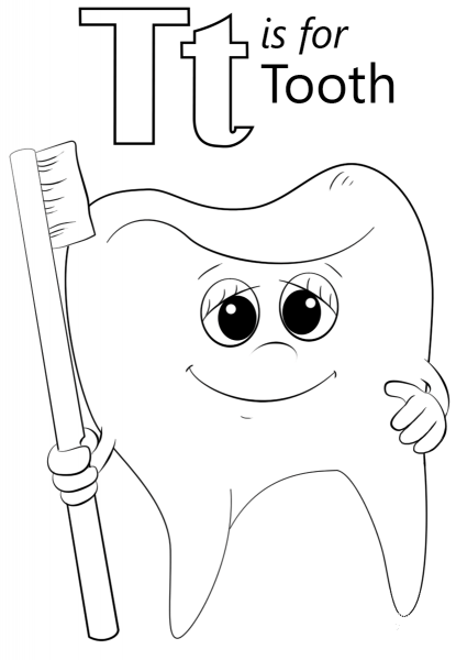 Letter T is for Tooth coloring page image