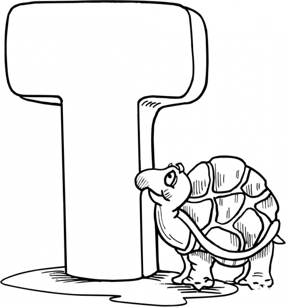 Letter T is for Tortoise coloring page image