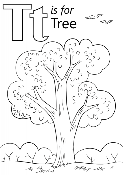Letter T is for Tree coloring page image