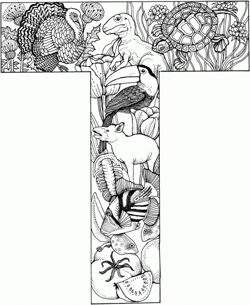 Letter T with Animals coloring page image