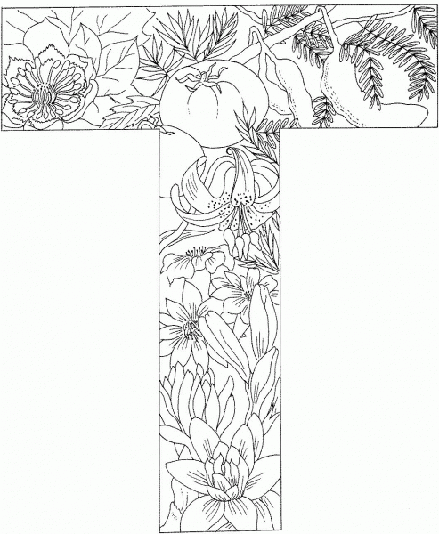 Letter T with Plants coloring page image