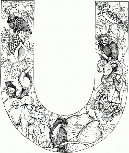 Letter U with Animals coloring page image