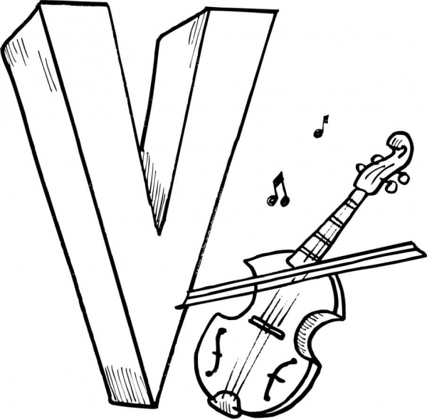 Letter V is for Violin coloring page image