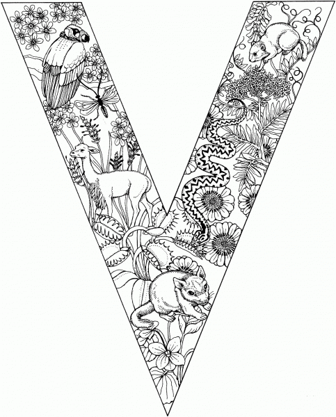 Letter V with Animals coloring page image