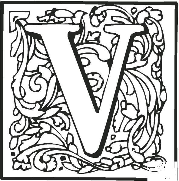 Letter V with Ornament coloring page image