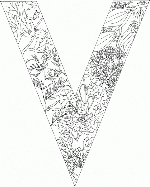 Letter V with Plants coloring page image