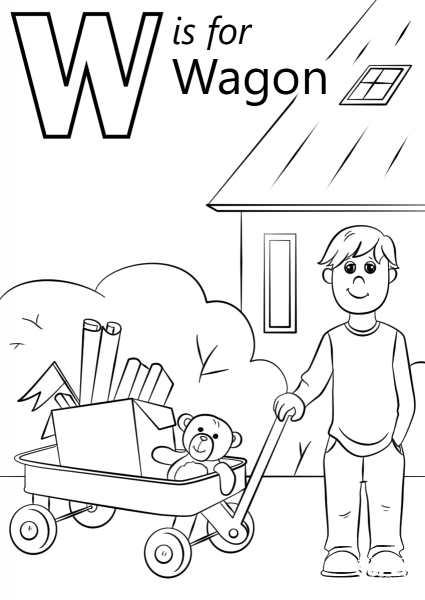 Letter W is for Wagon coloring page image