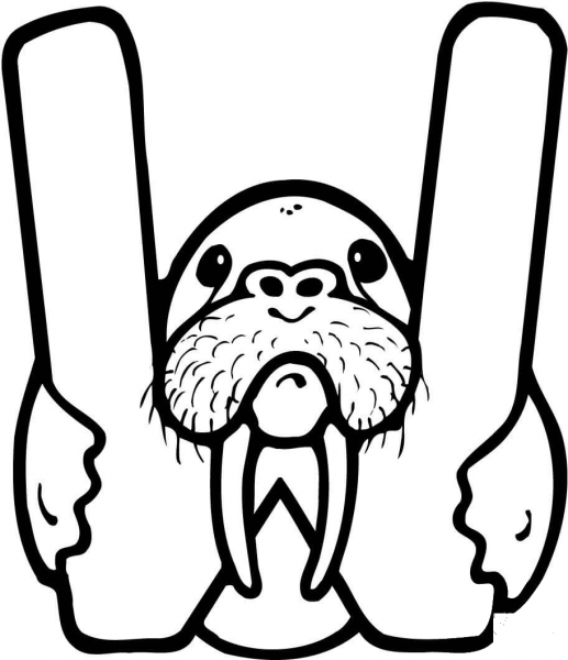 Letter W is for Walrus coloring page image