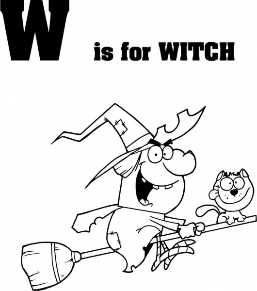 Letter W is for Witch coloring page image