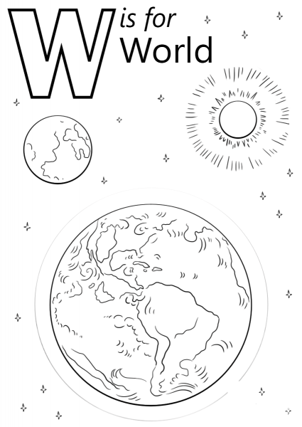 Letter W is for World coloring page image