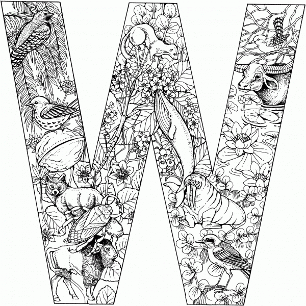 Letter W with Animals coloring page image