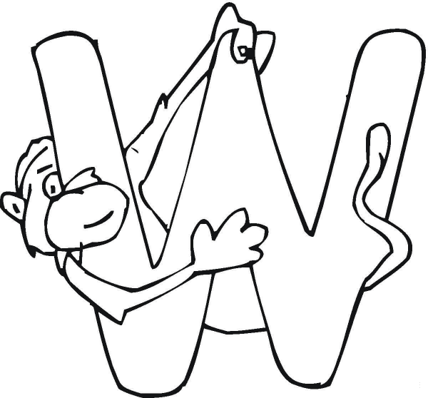 Letter W with Monkey coloring page image