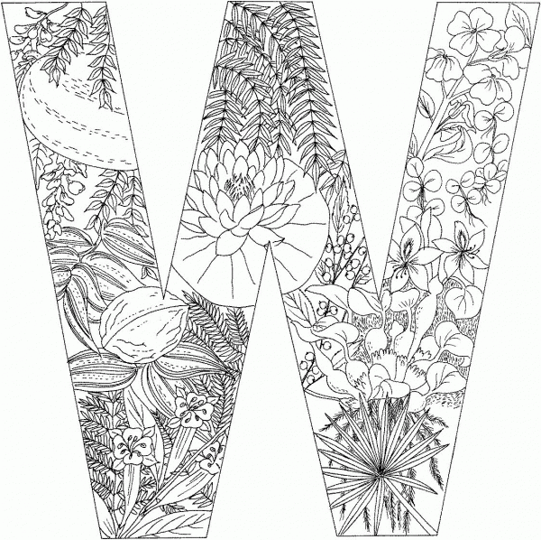 Letter W with Plants coloring page image