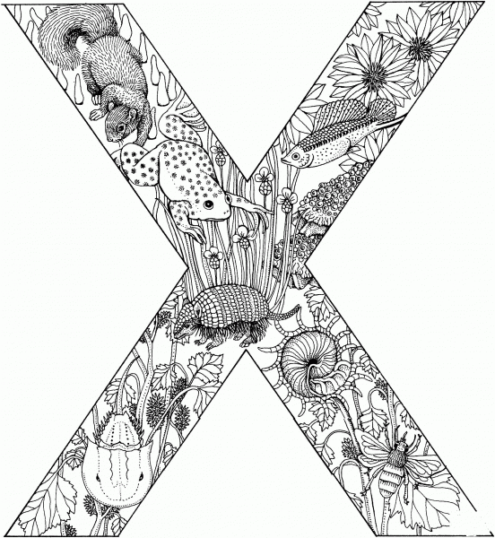 Letter X with Animals coloring page image