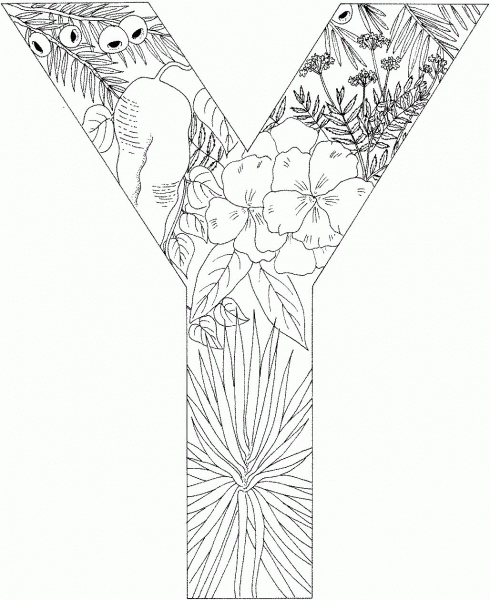 Letter Y with Plants coloring page image