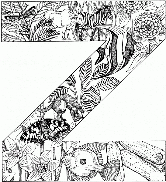 Letter Z with Animals coloring page image