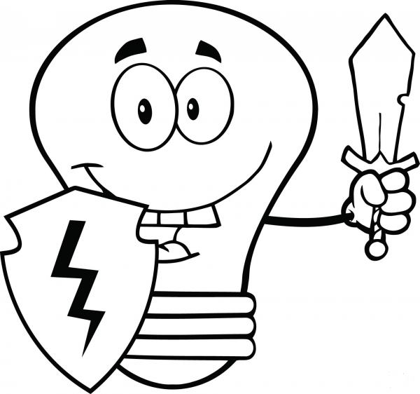 Light Bulb Guarder with Shield and Sword coloring page image