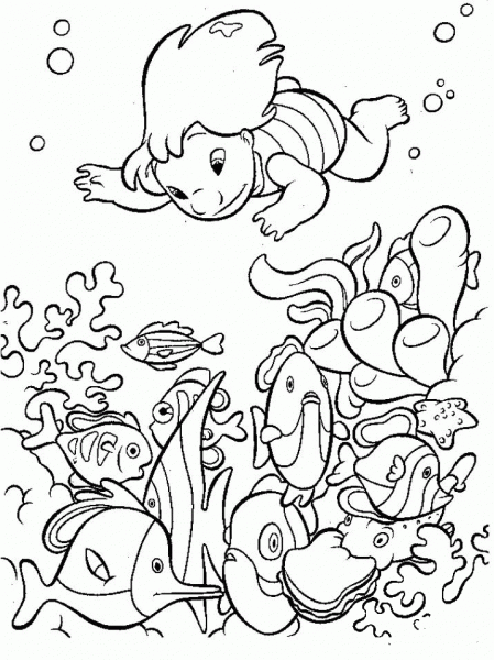 Lilo is under water, looking at fish and corals coloring page image
