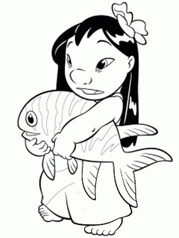 Lilo with Fish in her hands  coloring page image