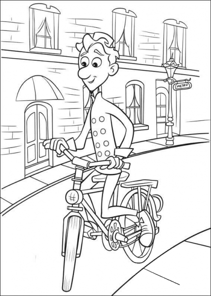 Linguini is riding the bicycle on the Parisian Street  coloring page image