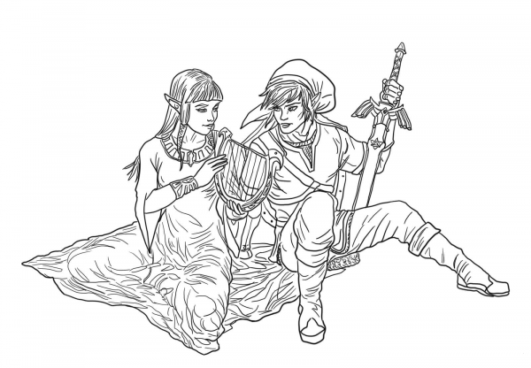 Link and Zelda coloring page image