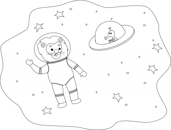 Lion in Space coloring page image
