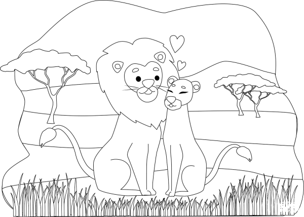 Lions in Love coloring page image