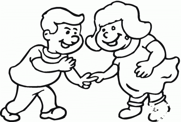 Little boy and girl laugh together coloring page image