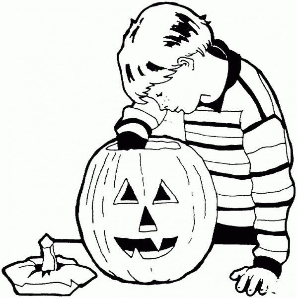 Little boy is carving the pumpkin coloring page image