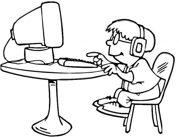 Little Boy Is Playing on the Computer coloring page image