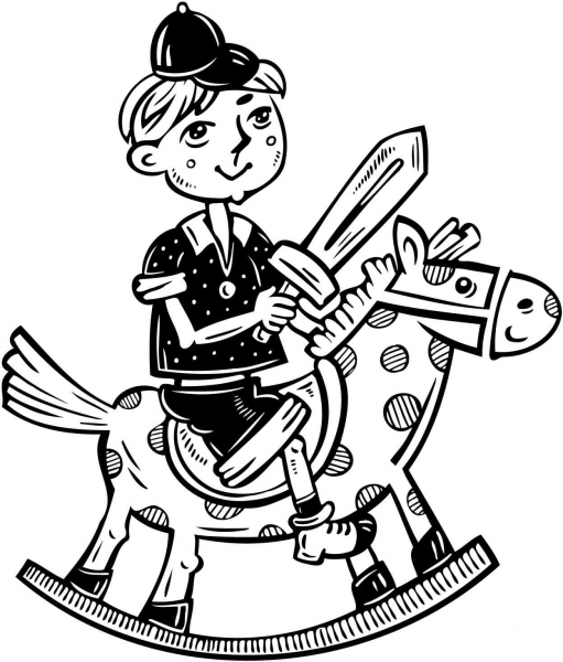 Little Boy Playing on His Rocking Horse coloring page image