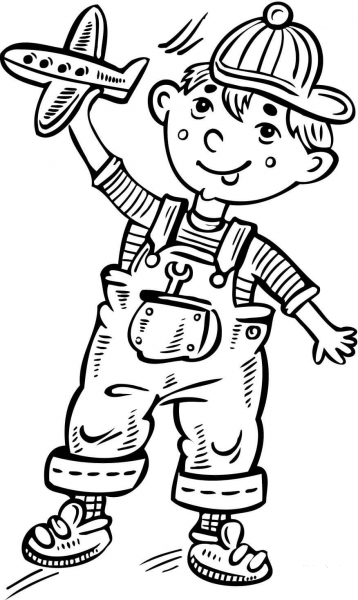 Little Boy Playing with a Toy Plane coloring page image