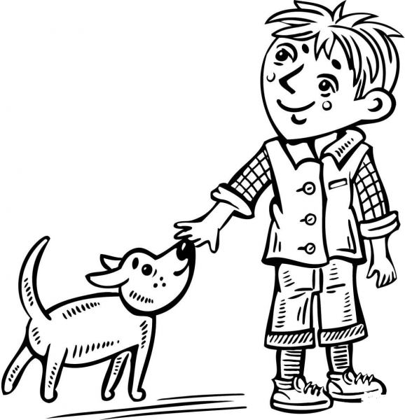 Little Boy Walking His Dog coloring page image