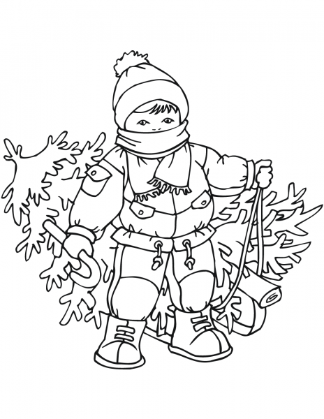 Little Boy with Xmas Tree coloring page image