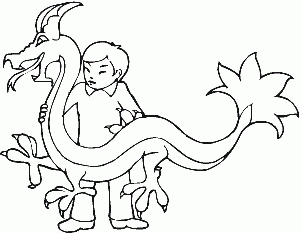 Little Chinese Boy with Dragon coloring page image