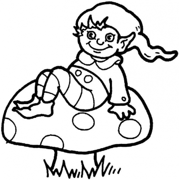 Little Elf On The Mushroom  coloring page image