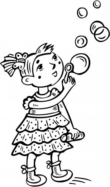 Little Girl Blowing Bubbles coloring page image
