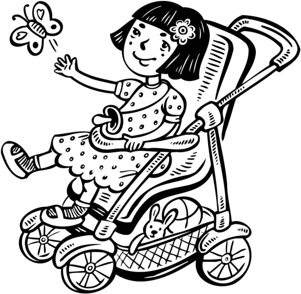Little Girl in Her Stroller coloring page image