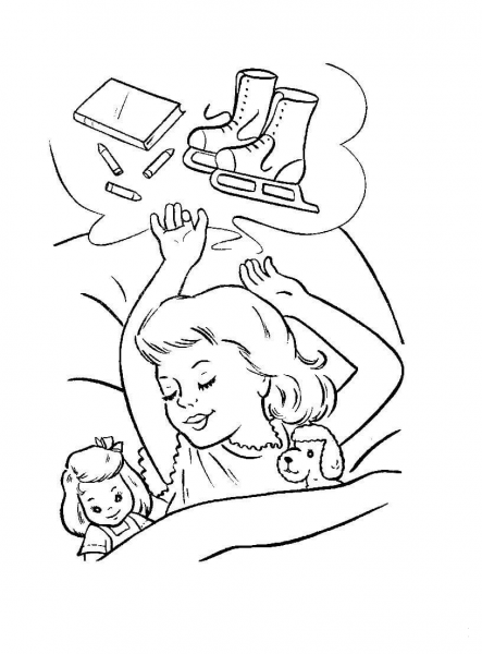 Little girl is dreaming about Christmas presents coloring page image