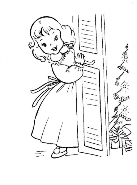 Little girl is looking out for Christmas presents coloring page image